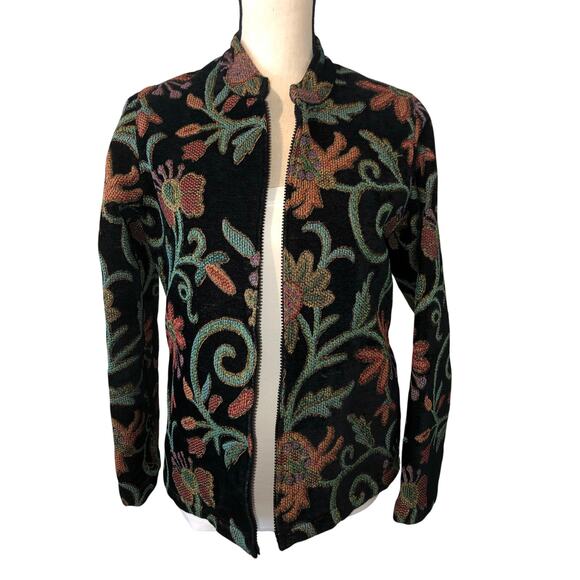 Vintage Jacket Brocade Textured Floral Black Woven Size M Multi Color Hong Kong - Picture 1 of 11